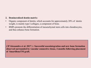 2. Demineralized dentin matrix:
• Organic component of dentin, which accounts for approximately 20% of dentin
weight, is mainly type I collagen, a component of bone.
• BMPs promote the differentiation of mesenchymal stem cells into chondrocytes,
and thus enhance bone formation.
( D’Alessandro et al. 2017 ) : Successful osseointegration and new bone formation
observed surrounded by vascular connective tissue, 4 months following placement
of SmartBoneTM graft.
 