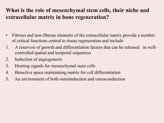 What is the role of mesenchymal stem cells, their niche and
extracellular matrix in bone regeneration?
• Fibrous and non-fibrous elements of the extracellular matrix provide a number
of critical functions central to tissue regeneration and include
1. A reservoir of growth and differentiation factors that can be released in well-
controlled spatial and temporal sequences
2. Induction of angiogenesis
3. Homing signals for mesenchymal stem cells
4. Bioactive space maintaining matrix for cell differentiation
5. An environment of both osteoinduction and osteoconduction
 
