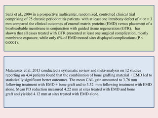Sanz et al., 2004 in a prospective multicenter, randomized, controlled clinical trial
comprising of 75 chronic periodontitis patients with at least one intrabony defect of > or = 3
mm compared the clinical outcomes of enamel matrix proteins (EMD) versus placement of a
bioabsorbable membrane in conjunction with guided tissue regeneration (GTR). has
shown that all cases treated with GTR presented at least one surgical complication, mostly
membrane exposure, while only 6% of EMD treated sites displayed complications (P <
0.0001).
Matarasso et al. 2015 conducted a systematic review and meta-analysis on 12 studies
reporting on 434 patients found that the combination of bone grafting material + EMD led to
statistically significant better outcomes. The mean CAL gain amounted to 3.76 mm
following treatment with EMD + bone graft and to 3.32 mm following treatment with EMD
alone. Mean PD reduction measured 4.22 mm at sites treated with EMD and bone
graft and yielded 4.12 mm at sites treated with EMD alone.
 