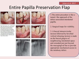 Entire Papilla Preservation Flap
Aslan et al, 2017
1.The entire procedure is like a
tunnel- like approach of the
defect associated interdental
papilla.
2. Surgical loupe for visibility.
3. A buccal intracrevicular
incison followed by bevelled
vertical releasing incison is made
on the buccal gingiva of
neighbouring interdental space
and extended just just beyond
the mucogingival line to provide
appropriate mechanical access to
the intrabony defect.
 