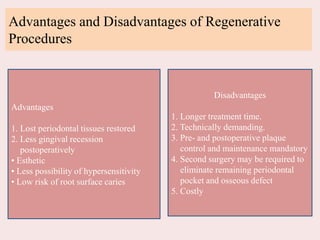Advantages and Disadvantages of Regenerative
Procedures
Advantages
1. Lost periodontal tissues restored
2. Less gingival recession
postoperatively
• Esthetic
• Less possibility of hypersensitivity
• Low risk of root surface caries
Disadvantages
1. Longer treatment time.
2. Technically demanding.
3. Pre- and postoperative plaque
control and maintenance mandatory
4. Second surgery may be required to
eliminate remaining periodontal
pocket and osseous defect
5. Costly
 