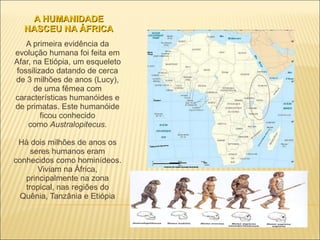 A HUMANIDADE NASCEU NA ÁFRICA A primeira evidência da evolução humana foi feita em Afar, na Etiópia, um esqueleto fossilizado datando de cerca de 3 milhões de anos (Lucy), de uma fêmea com características humanóides e de primatas. Este humanóide ficou conhecido como  Australopitecus . Há dois milhões de anos os seres humanos eram conhecidos como hominídeos. Viviam na África, principalmente na zona tropical, nas regiões do Quênia, Tanzânia e Etiópia 