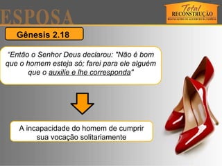 Gênesis 2.18  “ Então o Senhor Deus declarou: "Não é bom que o homem esteja só; farei para ele alguém que o  auxilie e lhe corresponda " A incapacidade do homem de cumprir sua vocação solitariamente 