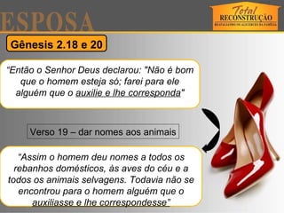 Gênesis 2.18 e 20  “ Assim o homem deu nomes a todos os rebanhos domésticos, às aves do céu e a todos os animais selvagens. Todavia não se encontrou para o homem alguém que o  auxiliasse e lhe correspondesse” “ Então o Senhor Deus declarou: "Não é bom que o homem esteja só; farei para ele alguém que o  auxilie e lhe corresponda " Verso 19 – dar nomes aos animais 
