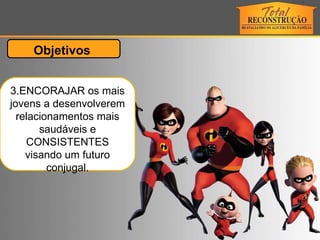 3.ENCORAJAR os mais jovens a desenvolverem relacionamentos mais saudáveis e CONSISTENTES visando um futuro conjugal. Objetivos  