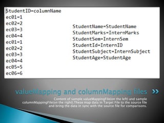 Content of sample valueMappingFile(on the left) and sample
columnMappingFile(on the right).These map data in Target File to the source file
and bring the data in sync with the source file for comparisons.
valueMapping and columnMapping files
 
