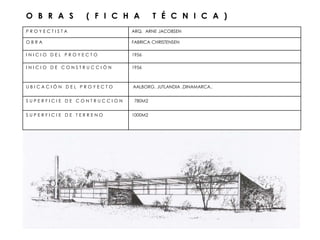 O B R A S ( F I C H A T É C N I C A )
P R O Y E C T I S T A ARQ. ARNE JACOBSEN
O B R A FABRICA CHRISTENSEN
I N I C I O D E L P R O Y E C T O 1956
I N I C I O D E C O N S T R U C C I Ó N 1956
U B I C A C I Ó N D E L P R O Y E C T O AALBORG, JUTLANDIA ,DINAMARCA..
S U P E R F I C I E D E C O N T R U C C I O N 780M2
S U P E R F I C I E D E T E R R E N O 1000M2
 