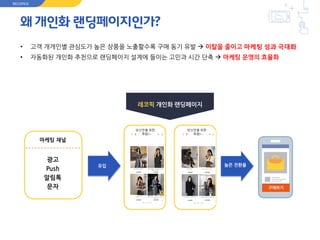 마케팅 채널
광고
Push
알림톡
문자
유입 높은 전환율
구매하기
왜 개인화 랜딩페이지인가?
• 고객 개개인별 관심도가 높은 상품을 노출할수록 구매 동기 유발  이탈을 줄이고 마케팅 성과 극대화
• 자동화된 개인화 추천으로 랜딩페이지 설계에 들이는 고민과 시간 단축  마케팅 운영의 효율화
레코픽 개인화 랜딩페이지
당신만을 위한
추천!
당신만을 위한
추천!
RECOPICK
 
