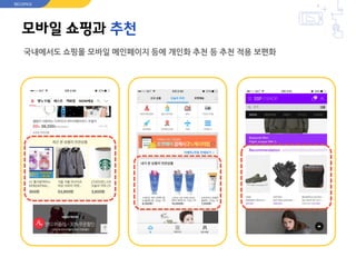 모바일 쇼핑과 추천
국내에서도 쇼핑몰 모바일 메인페이지 등에 개인화 추천 등 추천 적용 보편화
RECOPICK
 