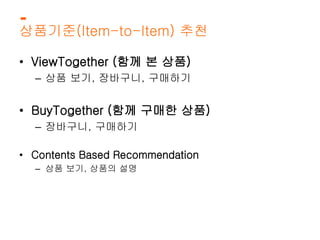 상품기준(Item-to-Item) 추천 
• ViewTogether (함께 본 상품) 
– 상품 보기, 장바구니, 구매하기 
• BuyTogether (함께 구매한 상품) 
– 장바구니, 구매하기 
• Contents Based Recommendation 
– 상품 보기, 상품의 설명 
 