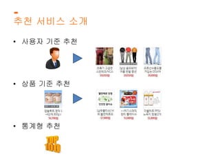 추천 서비스 소개 
• 사용자 기준 추천 
• 상품 기준 추천 
• 통계형 추천 
 