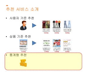 추천 서비스 소개 
• 사용자 기준 추천 
• 상품 기준 추천 
• 통계형 추천 
 