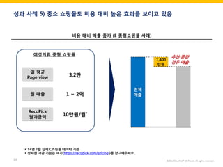 ©2014 RecoPick® SK Planet. All rights reserved. 
14 
성과 사례 5) 중소 쇼핑몰도 비용 대비 높은 효과를 보이고 있음 
비용 대비 매출 증가 (E 중형쇼핑몰 사례) 
일 평균 
Page view 
RecoPick 
월과금액 
월 매출 
3.2만 
10만원/월* 
1 ~ 2억 
1,400 
만원 
전체 
매출 
추천 통한 
경유 매출 
*`14년 7월 실제 C쇼핑몰 데이터 기준 * 상세한 과금 기준은 여기(https://recopick.com/pricing )를 참고해주세요. 
여성의류 중형 쇼핑몰  