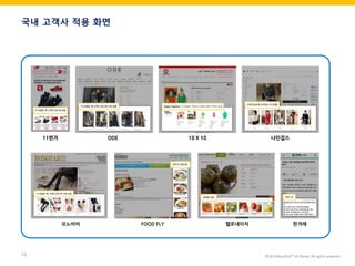©2014 RecoPick® SK Planet. All rights reserved. 
16 
국내 고객사 적용 화면 
11번가 
ODE 
10 X 10 
나인걸스 
헬로네이처 
FOOD FLY 
모노바비 
한겨례  