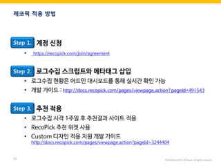 ©2014 RecoPick® SK Planet. All rights reserved. 
18 
레코픽 적용 방법 
Step 1. 계정 신청 
• https://recopick.com/join/agreement 
Step 2. 로그수집 스크립트와 메타태그 삽입 
•로그수집 현황은 어드민 대시보드를 통해 실시간 확인 가능 
•개발 가이드 : http://docs.recopick.com/pages/viewpage.action?pageId=491543 
Step 3. 추천 적용 
•로그수집 시작 1주일 후 추천결과 사이트 적용 
•RecoPick 추천 위젯 사용 
•Custom 디자인 적용 지원 개발 가이드 http://docs.recopick.com/pages/viewpage.action?pageId=3244404 1. Step 2. 3.  