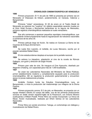 14
CRONOLOGÍA CINEMATOGRÁFICA DE VENEZUELA
1896
Primera proyección. El 11 de julio de 1896 se presenta por primera vez en
...