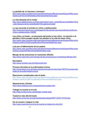 166
La pérdida de un hermano o hermana
http://www.vitas.com/Services/LearnAboutHospice/BereavementSupport/Recursos
Duelos/LaP%C3%A9rdidadeunHermanooHermana.aspx
La vida después de la viudez
http://www.palabramayor.ec/index.php?option=com_content&view=article&id=54:la
-vida-despues-de-la-viudez&catid=36:pagina-principal
Lo que esconde el suicidio en niños y adolescentes
http://www.eluniversal.com.co/cartagena/vida-sana/lo-que-esconde-el-suicidio-en-
ninos-y-adolescentes-106250
Los niños y el duelo - un panorama del duelo en los niños - la reacción a la
pérdida y cómo pueden ayudar los adultos en la vida de estos niños
http://www.vitas.com/Services/LearnAboutHospice/BereavementSupport/Recursos
Duelos/LosNi%C3%B1osyelDueloUnPanoramadelDuelo.aspx
Luto por el fallecimiento de los padres
http://www.vitas.com/Services/LearnAboutHospice/BereavementSupport/Recursos
Duelos/LutoporelFallecimientodelosPadres.aspx
Manejo de las emociones en momentos difíciles
http://www.inspirulina.com/manejo-de-las-emociones-en-momentos-dificiles.html
Necrolatría
http://www.montero.org.mx/inframundo.htm
Proceso del duelo en la enfermedad crónica
http://www.lahora.com.gt/index.php/opinion/opinion/columnas/156779-proceso-del-
duelo-en-la-enfermedad-cronica
Reacciones complicadas ante el duelo
http://www.vitas.com/Services/LearnAboutHospice/BereavementSupport/Recursos
Duelos/LosNi%C3%B1osyelDueloUnPanoramadelDuelo.aspx
Separaciones y Duelos
http://www.anteroos.com.ar/separaciones-duelos.html
Trabajar la muerte en el aula
http://blog.fundacionmlc.org/trabajar-muerte-aula/
Trastorno más allá del duelo
http://www.consumer.es/web/es/salud/psicologia/2007/12/23/173104.php
Ver la muerte e integrar la vida
http://www.inspirulina.com/ver-la-muerte-e-integrar-la-vida.html
 