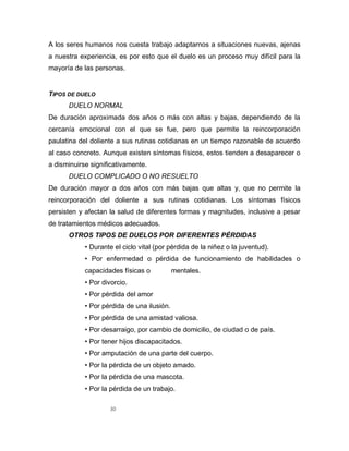 30
A los seres humanos nos cuesta trabajo adaptarnos a situaciones nuevas, ajenas
a nuestra experiencia, es por esto que el duelo es un proceso muy difícil para la
mayoría de las personas.
TIPOS DE DUELO
DUELO NORMAL
De duración aproximada dos años o más con altas y bajas, dependiendo de la
cercanía emocional con el que se fue, pero que permite la reincorporación
paulatina del doliente a sus rutinas cotidianas en un tiempo razonable de acuerdo
al caso concreto. Aunque existen síntomas físicos, estos tienden a desaparecer o
a disminuirse significativamente.
DUELO COMPLICADO O NO RESUELTO
De duración mayor a dos años con más bajas que altas y, que no permite la
reincorporación del doliente a sus rutinas cotidianas. Los síntomas físicos
persisten y afectan la salud de diferentes formas y magnitudes, inclusive a pesar
de tratamientos médicos adecuados.
OTROS TIPOS DE DUELOS POR DIFERENTES PÉRDIDAS
• Durante el ciclo vital (por pérdida de la niñez o la juventud).
• Por enfermedad o pérdida de funcionamiento de habilidades o
capacidades físicas o mentales.
• Por divorcio.
• Por pérdida del amor
• Por pérdida de una ilusión.
• Por pérdida de una amistad valiosa.
• Por desarraigo, por cambio de domicilio, de ciudad o de país.
• Por tener hijos discapacitados.
• Por amputación de una parte del cuerpo.
• Por la pérdida de un objeto amado.
• Por la pérdida de una mascota.
• Por la pérdida de un trabajo.
 