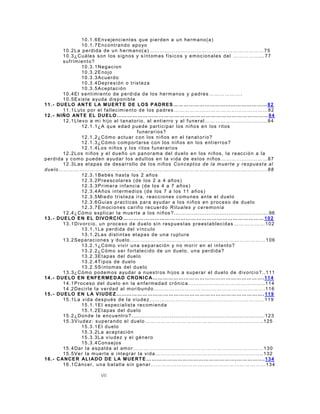 VII
10.1.6Envejencientes que pierden a un hermano(a)
10.1.7Encontrando apoyo
10.2La perdida de un hermano(a)…………………………………………………………75
10.3¿Cuáles son los signos y síntomas físicos y emocionales del ……………...77
sufrimiento?
10.3.1Negacion
10.3.2Enojo
10.3.3Acuerdo
10.3.4Depresión o tristeza
10.3.5Aceptación
10.4El sentimiento de perdida de los hermanos y padres ……………….
10.5Existe ayuda disponible
11.- DUELO ANTE LA MUERTE DE LOS PADRES ………………………………………………82
11.1Luto por el fallecimiento de los padres ………………………………………………82
12.- NIÑO ANTE EL DUELO…………………………………………………………………………… 84
12.1Llevo a mi hijo al tanatorio, al entierro y al funeral ………………………………84
12.1.1¿A que edad puede participar los niños en los ritos
funerarios?
12.1.2¿Cómo actuar con los niños en el tanat orio?
12.1.3¿Cómo comportarse con los niños en los entierros?
12.1.4Los niños y los ritos funerarios
12.2Los niños y el dueño un panorama del duelo en los niños, la reacción a la
perdida y como pueden ayudar los adultos en la vida de estos niños ………………………87
12.3Las etapas de desarrollo de los niños Conceptos de la muerte y respuesta al
duelo…………………………………………………………………………………………………………88
12.3.1Bebés hasta los 2 años
12.3.2Preescolares (de los 2 a 4 años)
12.3.3Primera infancia (de los 4 a 7 años)
12.3.4Años intermedios (de los 7 a los 11 años)
12.3.5Miedo tristeza ira, reacciones comunes ante el duelo
12.3.6Guias practicas para ayudar a los niños en proceso de duelo
12.3.7Emociones cariño recuerdo Rituales y ceremonia
12.4¿Cómo explicar la muerte a los niños?....................................................96
13.- DUELO EN EL DIVORCIO……………………………………………………………………… 102
13.1Divorcio, un proceso de duelo sin respuestas preestablecidas ………………102
13.1.1La perdida del vínculo
13.1.2Las distintas etapas de una ruptura
13.2Separaciones y duelo……………………………………………………………………106
13.2.1¿Cómo vivir una separación y no morir en el intento?
13.2.2¿Cómo ser fortalecido de un duelo, una perdida?
13.2.3Etapas del duelo
13.2.4Tipos de duelo
13.2.5Síntomas del duelo
13.3¿Cómo podemos ayudar a nuestros hijos a superar el duelo de divorcio?..111
14.- DUELO EN ENFERMEDAD CRONICA……………………………………………………….114
14.1Proceso del duelo en la enfermedad crónica ……………………………………..114
14.2Decirle la verdad al moribundo……………………………………………………….116
15.- DUELO EN LA VIUDEZ…………………………………………………………………………. 119
15.1La vida después de la viudez…………………………………………………………119
15.1.1El especialista recomienda
15.1.2Etapas del duelo
15.2¿Donde te encuentro?.........................................................................123
15.3Viudez: superando el duelo…………………………………………………………..125
15.3.1El duelo
15.3.2La aceptación
15.3.3La viudez y el género
15.3.4Consejos
15.4Dar la espalda al amor…………………………………………………………………130
15.5Ver la muerte e integrar la vida……………………………………………………..132
16.- CANCER ALIADO DE LA MUERTE…………………………………………….…………….134
16.1Cáncer, una batalla sin ganar…………………………………………………………134
 