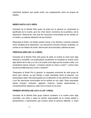 89
importante destacar que puede existir una superposición entre los grupos de
edades.
BEBÉS HASTA LOS 2 AÑOS:
Concepto de la Muerte: Este grupo de edad por lo general no comprende el
significado de la muerte, pero los niños tienen conciencia de la pérdida y de la
separación. Reaccionan más ante las reacciones emocionales de los adultos en
su medio y a cualquier alteración de sus horarios.
Respuesta al Duelo: Los bebés pueden buscar a los difuntos y ponerse ansiosos
como resultado de la separación. Las reacciones comunes incluyen: protestas, un
cambio en los hábitos de sueño, disminución de la actividad y pérdida de peso.
PREESCOLARES (DE 2 A 4 AÑOS):
Concepto de la Muerte: Para este grupo de edad, la muerte es vista como algo
temporal y reversible. Los preescolares usualmente no visualizan la muerte como
algo distinto de la vida y no ven a la muerte como algo que les suceda a ellos. Los
comentarios típicos incluyen: "¿Cuándo volverá mi mami a casa?" "¿Cómo hace
(la persona fallecida) para comer o respirar?"
Respuesta al Duelo: Por lo general, la respuesta emocional de este grupo es
breve pero intensa, ya que tienden a estar orientados hacia el presente. Los
preescolares están más preocupados por la alteración en los patrones de cuidado
o por las reacciones emocionales de los adultos en sus vidas. Otras respuestas
típicas incluyen: confusión, agitación nocturna, sueños atemorizantes y
comportamientos regresivos, tales como orinarse en la cama.
PRIMERA INFANCIA (DE LOS 4 A LOS 7 AÑOS):
Concepto de la Muerte: Este grupo todavía considera a la muerte como algo
reversible. Los niños a veces se sienten responsables de la muerte debido a
pensamientos o sentimientos que tuvieron sobre la persona fallecida, a veces
 