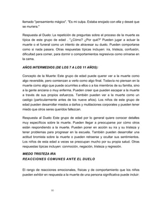 90
llamado "pensamiento mágico". "Es mi culpa. Estaba enojado con ella y deseé que
se muriera."
Respuesta al Duelo: La repetición de preguntas sobre el proceso de la muerte es
típica de este grupo de edad . "¿Cómo? ¿Por qué?" Pueden jugar a actuar la
muerte o el funeral como un intento de atravesar su duelo. Pueden comportarse
como si nada pasara. Otras respuestas típicas incluyen: ira, tristeza, confusión,
dificultad para comer, para dormir o comportamientos regresivos como orinarse en
la cama.
AÑOS INTERMEDIOS (DE LOS 7 A LOS 11 AÑOS):
Concepto de la Muerte: Este grupo de edad puede querer ver a la muerte como
algo reversible, pero comienzan a verlo como algo final. Todavía no piensan en la
muerte como algo que puede ocurrirles a ellos o a los miembros de su familia, sino
a la gente anciana o muy enferma. Pueden creer que pueden escapar a la muerte
a través de sus propios esfuerzos. También pueden ver a la muerte como un
castigo (particularmente antes de los nueve años). Los niños de este grupo de
edad pueden desarrollar miedos a daños y mutilaciones corporales y pueden tener
miedo que otros seres queridos fallezcan.
Respuesta al Duelo: Este grupo de edad por lo general quiere conocer detalles
muy específicos sobre la muerte. Pueden llegar a preocuparse por cómo otros
están respondiendo a la muerte. Pueden poner en acción su ira y su tristeza y
tener problemas para progresar en la escuela. También pueden desarrollar una
actitud bromista sobre la muerte o pueden retraerse y ocultar sus sentimientos.
Los niños de esta edad a veces se preocupan mucho por su propia salud. Otras
respuestas típicas incluyen: conmoción, negación, tristeza y regresión.
MIEDO TRISTEZA IRA
REACCIONES COMUNES ANTE EL DUELO
El rango de reacciones emocionales, físicas y de comportamiento que los niños
pueden exhibir en respuesta a la muerte de una persona significativa puede incluir:
 