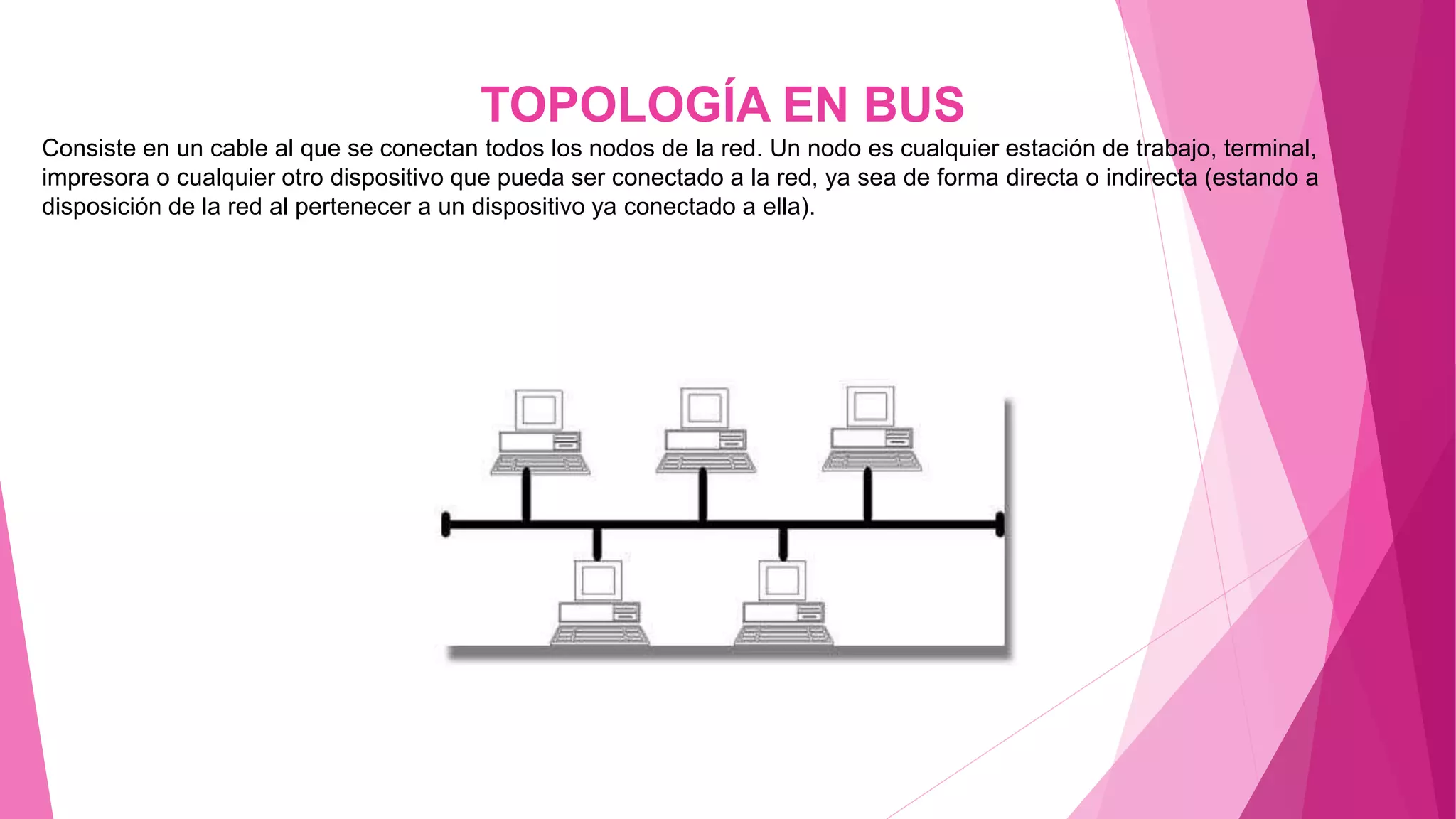 TOPOLOGÍA EN BUS
Consiste en un cable al que se conectan todos los nodos de la red. Un nodo es cualquier estación de trabajo, terminal,
impresora o cualquier otro dispositivo que pueda ser conectado a la red, ya sea de forma directa o indirecta (estando a
disposición de la red al pertenecer a un dispositivo ya conectado a ella).
 