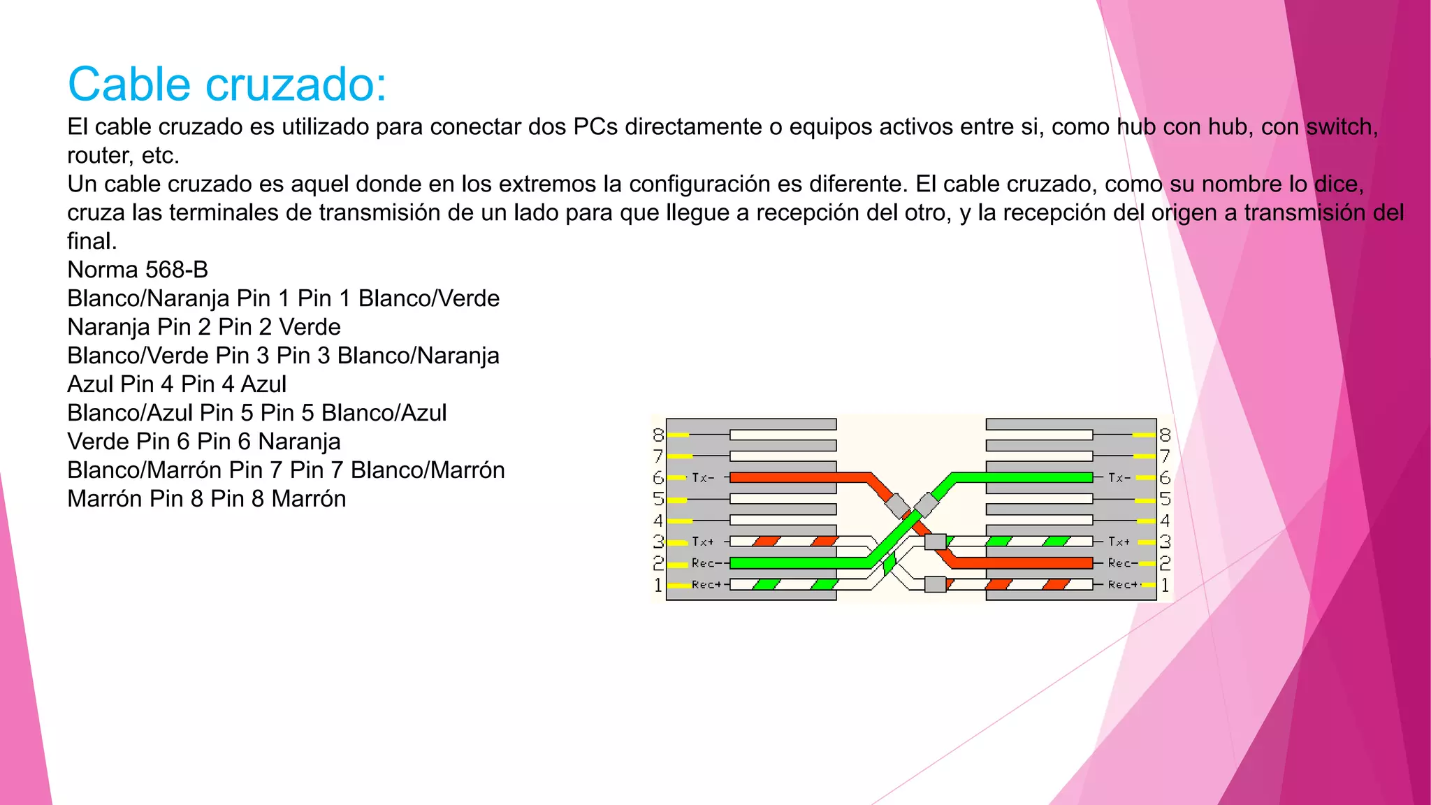 Cable cruzado:
El cable cruzado es utilizado para conectar dos PCs directamente o equipos activos entre si, como hub con hub, con switch,
router, etc.
Un cable cruzado es aquel donde en los extremos la configuración es diferente. El cable cruzado, como su nombre lo dice,
cruza las terminales de transmisión de un lado para que llegue a recepción del otro, y la recepción del origen a transmisión del
final.
Norma 568-B
Blanco/Naranja Pin 1 Pin 1 Blanco/Verde
Naranja Pin 2 Pin 2 Verde
Blanco/Verde Pin 3 Pin 3 Blanco/Naranja
Azul Pin 4 Pin 4 Azul
Blanco/Azul Pin 5 Pin 5 Blanco/Azul
Verde Pin 6 Pin 6 Naranja
Blanco/Marrón Pin 7 Pin 7 Blanco/Marrón
Marrón Pin 8 Pin 8 Marrón
 