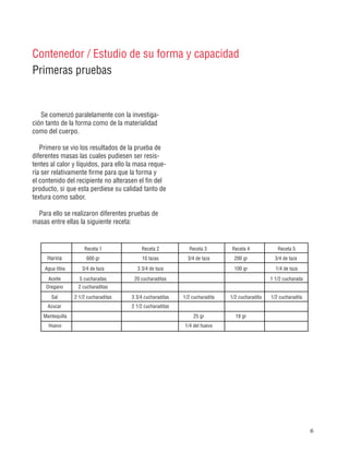 6
Contenedor / Estudio de su forma y capacidad
Primeras pruebas
Se comenzó paralelamente con la investiga-
ción tanto de la forma como de la materialidad
como del cuerpo.
Primero se vio los resultados de la prueba de
diferentes masas las cuales pudiesen ser resis-
tentes al calor y líquidos, para ello la masa reque-
ría ser relativamente firme para que la forma y
el contenido del recipiente no alterasen el fin del
producto, si que esta perdiese su calidad tanto de
textura como sabor.
Para ello se realizaron diferentes pruebas de
masas entre ellas la siguiente receta:
Harina
Agua tibia
Aceite
2 1/2 cucharaditas
2 cucharaditas
5 cucharadas
3/4 de taza
600 gr
Receta 5Receta 4Receta 3Receta 2Receta 1
Huevo
Mantequilla
Azucar
Sal
Oregano
1 1/2 cucharada
18 gr
20 cucharaditas
1/4 de taza100 gr3 3/4 de taza
3/4 de taza200 gr3/4 de taza10 tazas
25 gr
1/2 cucharadita
1/4 del huevo
3 3/4 cucharaditas 1/2 cucharadita 1/2 cucharadita
2 1/2 cucharaditas
 