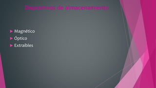Dispositivos de almacenamiento
 Magnético
 Óptico
 Extraíbles
 