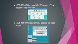  1990-1994 Windows 3.0- Windows NT se
obtienes los gráficos
 1995-1998 Windows 95 El equipo se hace
mayor
 