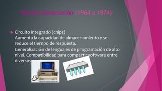 Tercera Generación (1964 a 1974)
 Circuito integrado (chips)
Aumenta la capacidad de almacenamiento y se
reduce el tiempo de respuesta.
Generalización de lenguajes de programación de alto
nivel. Compatibilidad para compartir software entre
diversos equipos.
 