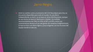 Jarro Negro
 Inició su camino como un proyecto del CCH Naucalpan pero hoy se
encuentra disponible para todo el mundo. Es una distro
independiente, es decir, no se basa en otras distribuciones, aunque
en sus inicios se basó en Slackware y Debian. Ha recibido
reconocimientos de CNN, la UVM, la SEP y el IPN y entre sus
características destaca el uso del gestor de ventanas Enlightenment,
lo hace la hace una distro ligera y poco exigente con los recursos del
equipo donde se ejecute.
 