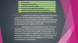  CAPA 0: El sistema consta de procesos secuénciales,
cada uno de los cuales se podría programar sin
importar que varios procesos estuvieran ejecutándose
en el mismo procesador, la capa cero proporciona la
multiprogramación básica de la CPU
 CAPA 1: Realizaba la administración de la memoria.
Asignaba el espacio de memoria principal para los
procesos Por encima de la capa 1, los procesos no
debían preocuparse si estaban en la memoria o en el
recipiente; el software de la capa 1 se encargaba de
garantizar que las páginas llegaran a la memoria
cuando fueran necesarias.
 