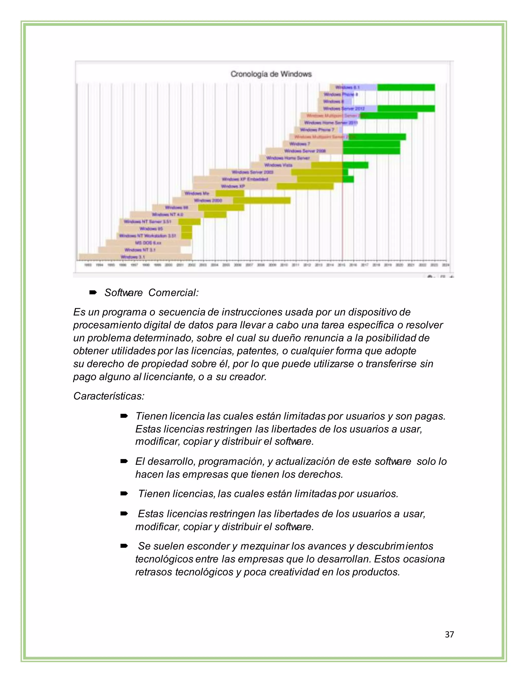 37
 Software Comercial:
Es un programa o secuencia de instrucciones usada por un dispositivo de
procesamiento digital de datos para llevar a cabo una tarea específica o resolver
un problema determinado, sobre el cual su dueño renuncia a la posibilidad de
obtener utilidades por las licencias, patentes, o cualquier forma que adopte
su derecho de propiedad sobre él, por lo que puede utilizarse o transferirse sin
pago alguno al licenciante, o a su creador.
Características:
 Tienen licencia las cuales están limitadas por usuarios y son pagas.
Estas licencias restringen las libertades de los usuarios a usar,
modificar, copiar y distribuir el software.
 El desarrollo, programación, y actualización de este software solo lo
hacen las empresas que tienen los derechos.
 Tienen licencias, las cuales están limitadas por usuarios.
 Estas licencias restringen las libertades de los usuarios a usar,
modificar, copiar y distribuir el software.
 Se suelen esconder y mezquinar los avances y descubrimientos
tecnológicos entre las empresas que lo desarrollan. Estos ocasiona
retrasos tecnológicos y poca creatividad en los productos.
 