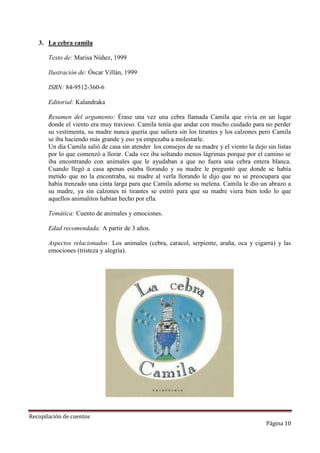3. La cebra camila
Texto de: Marisa Núñez, 1999
Ilustración de: Óscar Villán, 1999
ISBN: 84-9512-360-6
Editorial: Kalandraka
Resumen del argumento: Érase una vez una cebra llamada Camila que vivía en un lugar
donde el viento era muy travieso. Camila tenía que andar con mucho cuidado para no perder
su vestimenta, su madre nunca quería que saliera sin los tirantes y los calzones pero Camila
se iba haciendo más grande y eso ya empezaba a molestarle.
Un día Camila salió de casa sin atender los consejos de su madre y el viento la dejo sin listas
por lo que comenzó a llorar. Cada vez iba soltando menos lágrimas porque por el camino se
iba encontrando con animales que le ayudaban a que no fuera una cebra entera blanca.
Cuando llegó a casa apenas estaba llorando y su madre le preguntó que donde se había
metido que no la encontraba, su madre al verla llorando le dijo que no se preocupara que
había trenzado una cinta larga para que Camila adorne su melena. Camila le dio un abrazo a
su madre, ya sin calzones ni tirantes se estiró para que su madre viera bien todo lo que
aquellos animalitos habían hecho por ella.
Temática: Cuento de animales y emociones.
Edad recomendada: A partir de 3 años.
Aspectos relacionados: Los animales (cebra, caracol, serpiente, araña, oca y cigarra) y las
emociones (tristeza y alegría).

Recopilación de cuentos

Página 10

 