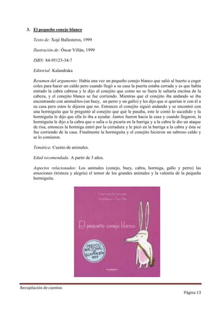 3. El pequeño conejo blanco
Texto de: Xojé Ballesteros, 1999
Ilustración de: Óscar Villán, 1999
ISBN: 84-95123-34-7
Editorial: Kalandraka
Resumen del argumento: Había una vez un pequeño conejo blanco que salió al huerto a coger
coles para hacer un caldo pero cuando llegó a su casa la puerta estaba cerrada y es que había
entrado la cabra cabresa y le dijo al conejito que como no se fuera le saltaría encima de la
cabeza, y el conejito blanco se fue corriendo. Mientras que el conejito iba andando se iba
encontrando con animalitos (un buey, un perro y un gallo) y les dijo que si querían ir con él a
su casa pero estos le dijeron que no. Entonces el conejito siguió andando y se encontró con
una hormiguita que le preguntó al conejito que qué le pasaba, este le contó lo sucedido y la
hormiguita le dijo que ella lo iba a ayudar. Juntos fueron hacia la casa y cuando llegaron, la
hormiguita le dijo a la cabra que o salía o le picaría en la barriga y a la cabra le dio un ataque
de risa, entonces la hormiga entró por la cerradura y le picó en la barriga a la cabra y ésta se
fue corriendo de la casa. Finalmente la hormiguita y el conejito hicieron un sabroso caldo y
se lo comieron.
Temática: Cuento de animales.
Edad recomendada: A partir de 3 años.
Aspectos relacionados: Los animales (conejo, buey, cabra, hormiga, gallo y perro) las
emociones (tristeza y alegría) el temor de los grandes animales y la valentía de la pequeña
hormiguita.

Recopilación de cuentos

Página 13

 