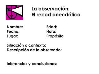 La observación:  El recod anecdótico Nombre: Edad:  Fecha: Hora: Lugar: Propósito: Situación o contexto: Descripción de lo observado: Inferencias y conclusiones: 