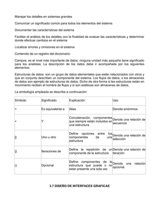 Manejar los detalles en sistemas grandes

Comunicar un significado común para todos los elementos del sistema

Documentar las características del sistema

Facilitar el análisis de los detalles con la finalidad de evaluar las características y determinar
donde efectuar cambios en el sistema

Localizar errores y omisiones en el sistema

Contenido de un registro del diccionario:

Campos: es el nivel más importante de datos; ninguna unidad más pequeña tiene significado
para los analistas. La descripción de los datos debe ir acompañada por los siguientes
elementos:

Estructuras de datos: son un grupo de datos elementales que están relacionados con otros y
que en conjunto describen un componente del sistema. Los flujos de datos, o los almacenes
de datos son ejemplo de estructuras de datos. Dicho de otra forma si las estructuras están en
movimiento reciben el nombre de flujos y si son estéticas son almacenes de datos.

La simbología empleada se describe a continuación:

Símbolo             Significado          Explicación                      Uso

=                   Es equivalente a     Alias                            Denota sinónimos

                                         Concatenación, componentes
                                                                        Denota una relación de
+                   Y                    que siempre están incluidos en
                                                                        secuencia
                                         una estructura

                                         Define opciones entre los
                                                                   Denota una relación de
[]                  Uno u otro           componentes    de     una
                                                                   selección
                                         estructura

                                         Define la repetición de un Denota una relación de
{}                  Iteraciones de
                                         componente de la estructura iteración

                                         Define componentes de la
                                                                     Denota una           relación
()                  Opcional             estructura que puede o no
                                                                     opcional.
                                         estar presente una sola vez




                          3.7 DISEÑO DE INTERFACES GRAFICAS
 