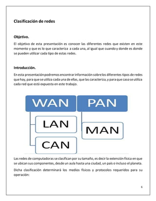 6
Clasificación de redes
Objetivo.
El objetivo de esta presentación es conocer las diferentes redes que existen en este
momento y que es lo que caracteriza a cada una, al igual que cuando y donde es donde
se pueden utilizar cada tipo de estas redes.
Introducción.
En esta presentaciónpodremosencontrarinformación sobrelos diferentes tipos deredes
quehay,para queseutiliza cada una deellas, quelas caracteriza,y para quecasoseutiliza
cada red que está expuesta en este trabajo.
Las redes de computadoras seclasifican por su tamaño, es decir la extensión física en que
se ubican sus componentes, desdeun aula hasta una ciudad, un país o incluso el planeta.
Dicha clasificación determinará los medios físicos y protocolos requeridos para su
operación:
 