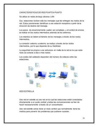 23
CARACTERISTICAS DE RED PUNTO A PUNTO
Se utiliza en redes de largo alcance LAN
Sus estaciones reciben sólo los mensajes que les entregan los nodos de la
red. Estos previamente identifican a una estación receptora a partir de la
dirección de destino del mensaje.
Los pasos de encaminamiento suelen ser complejos, y el control de errores
se realiza en los nodos intermedios además de los extremos.
Los retardos se deben al tránsito de los mensajes a través de los nodos
intermedios.
La conexión extremo a extremo se realiza a través de los nodos
intermedios, por lo que depende de su fiabilidad.
La seguridad es propia a una estructura en malla de la red en la que cada
nodo se conecta a dos o más nodos.
Los costes del cableado dependen del número de enlaces entre las
estaciones.
RED ESTRELLA
Una red en estrella es una red en la cual las estaciones están conectadas
directamente a un punto central y todas las comunicaciones se han de
hacer necesariamente a través de un concentrador.
Una red estrella activa tiene un nodo central que normalmente tiene los
medios para prevenir los problemas que pudieran suceder.
 