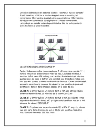 24
El Tipo de cable usado en esta red es el de 10 BASE T Tipo de conector
RJ-45 Velocidad 10 Mbits /s Máxima longitud entre la estación y el
concentrador 90 m Máxima longitud entre concentradores 100 m Máximo
de dispositivos conectados por segmento 512 redes centralizadas,
La topología en estrella reduce la posibilidad de fallo de red conectando
todos los nodos a un nodo central.
CLASIFICACION DE DIRECCIONES IP
Existen 3 clases de redes, denominadas A, B y C cada clase permite 1111
número limitado de direcciones de red y de host. Las redes de clase A
permiten definir hasta 126 redes y una cantidad ilimitada de host, mientras
que las redes de clase C definen una cantidad casi ilimitada de redes pero
solo 255 host por red. Cuando se instalan los servicios TCP/IP también será
necesario especificar la mascara de subred, la cual identifica la parte del
identificador de host de la dirección basada en la clase de red.
CLASE A: El primer byte es un número del 1 al 127. Los últimos 3 bytes
identifican host en la red. La mascara de la subred 255.0.0.0
CLASE B: El primer byte es un número del 128 al 191. El segundo bytes
es parte de la dirección de red. el 3 y 4 bytes solo identifican host en la red.
Mascara de subred: 255.255.0.0 '
CLASE C: EL primer byte es un número de 192 al 254. El segundo y tercer
byte son parte de la dirección de red, el 4 byte solo identifica hasta 255
host. Mascara de subred 255.255.255.0.
 