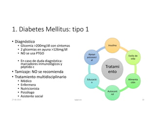 1. Diabetes Mellitus: tipo 1
• Diagnóstico
• Glicemia >200mg/dl con síntomas
• 2 glicemias en ayuna >126mg/dl
• NO se usa PTGO
• En caso de duda diagnóstica:
marcadores inmunológicos y
péptido c
• Tamizaje: NO se recomienda
• Tratamiento multidisciplinario
• Médico
• Enfermera
• Nutricionista
• Psicólogo
• Asistente social
Tratami
ento
Insulina
Estilo de
vida
Alimenta
ción
Autocont
rol
Educació
n
Apoyo
psicosoci
al
27-06-2019 ngigouxa 10
 
