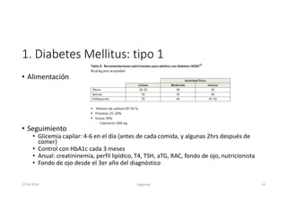 1. Diabetes Mellitus: tipo 1
• Alimentación
• Seguimiento
• Glicemia capilar: 4-6 en el día (antes de cada comida, y algunas 2hrs después de
comer)
• Control con HbA1c cada 3 meses
• Anual: creatininemia, perfil lipídico, T4, TSH, aTG, RAC, fondo de ojo, nutricionista
• Fondo de ojo desde el 3er año del diagnóstico
27-06-2019 ngigouxa 14
 