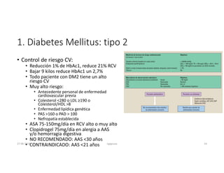 1. Diabetes Mellitus: tipo 2
• Control de riesgo CV:
• Reducción 1% de HbAc1, reduce 21% RCV
• Bajar 9 kilos reduce HbAc1 un 2,7%
• Todo paciente con DM2 tiene un alto
riesgo CV
• Muy alto riesgo:
• Antecedente personal de enfermedad
cardiovascular previa
• Colesterol <280 o LDL ≥190 o
Colesterol/HDL >8
• Enfermedad lipídica genética
• PAS >160 o PAD > 100
• Nefropatía establecida
• ASA 75-150mg/día en RCV alto o muy alto
• Clopidrogel 75mg/día en alergia a AAS
y/o hemorragia digestiva
• NO RECOMENDADO: AAS <30 años
• CONTRAINDICADO: AAS <21 años
27-06-2019 ngigouxa 24
 
