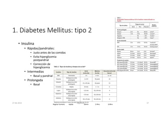 1. Diabetes Mellitus: tipo 2
• Insulina
• Rápidas/pandriales:
• Justo antes de las comidas
• Evita hiperglicemia
postpandrial
• Corrección de
hiperglicemia
• Intermedias
• Basal y pandrial
• Prolongada
• Basal
Regular humana rápida 30min 2-4hrs 6-8hrs
27-06-2019 ngigouxa 37
 