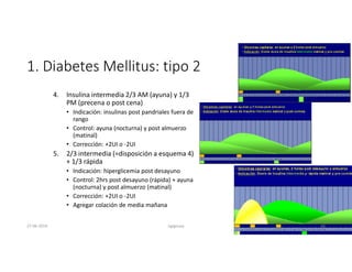 1. Diabetes Mellitus: tipo 2
4. Insulina intermedia 2/3 AM (ayuna) y 1/3
PM (precena o post cena)
• Indicación: insulinas post pandriales fuera de
rango
• Control: ayuna (nocturna) y post almuerzo
(matinal)
• Corrección: +2UI o -2UI
5. 2/3 intermedia (=disposición a esquema 4)
+ 1/3 rápida
• Indicación: hiperglicemia post desayuno
• Control: 2hrs post desayuno (rápida) + ayuna
(nocturna) y post almuerzo (matinal)
• Corrección: +2UI o -2UI
• Agregar colación de media mañana
27-06-2019 ngigouxa 40
 