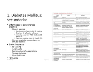 1. Diabetes Mellitus:
secundarias
• Enfermedades del páncreas
exocrino
• Fibrosis quística
• Disminución en la secreción de insulina
• Deterioro de la función pulmonar
• Screening anual con PTGO desde los 10
años a FQ
• Tratar con insulina, meta de HbAc1 <7%
• Hemocromatosis: concomitante en
50% de los casos
• Endocrinopatías
• Sd Cushing
• Acromegalia
• Eucromocitoma/paraganglioma
• Somatostatinoma
• Hipertiroidismo
• Fármacos
27-06-2019 ngigouxa 55
 