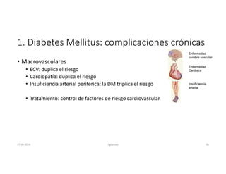 1. Diabetes Mellitus: complicaciones crónicas
• Macrovasculares
• ECV: duplica el riesgo
• Cardiopatía: duplica el riesgo
• Insuficiencia arterial periférica: la DM triplica el riesgo
• Tratamiento: control de factores de riesgo cardiovascular
27-06-2019 ngigouxa 56
 