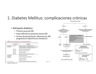 1. Diabetes Mellitus: complicaciones crónicas
• Nefropatía diabética
• Primera causa de ERC
• Hasta 30% de los pacientes tienen ERC
• Formas de presentación: albuminuria, ERC
progresiva sin albuminuria, hematuria.
27-06-2019 ngigouxa 58
 
