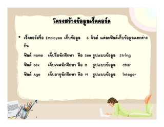โครงสรางขอมููลเร็คคอรด
• เร็คคอรดชื่อ   Employee เก็บขอมููล 6 ฟลด แตละฟลดเก็บขอมููลแตกตาง
                    p y
  กัน
  ฟลด
  ฟลด Name       เกบชอนกศกษา คอ
                   เก็บชื่อนักศึกษา คือ See รปแบบขอมล String
                                            รูปแบบขอมูล
  ฟลด Sex        เก็บเพศนักศึกษา คือ M รูปแบบขอมูล char
  ฟลด Age        เก็็บอายุนักศึกษา คือ 19 รูปแบบขอมูล integer
 